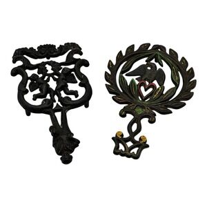 Vintage Pair of Cast Iron Trivets‎ Wilton and JZH Painted Eagle Cherub Angel